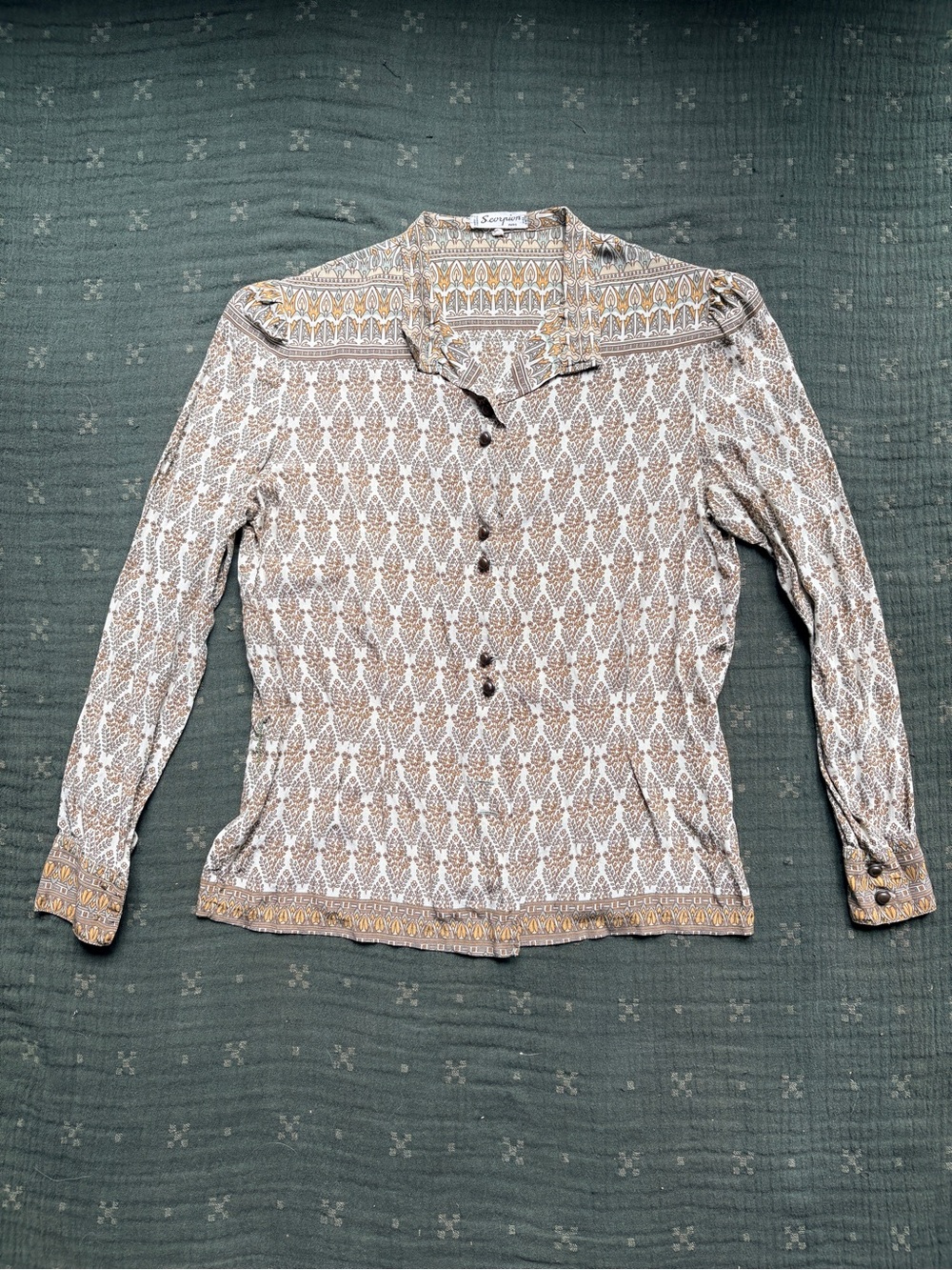 Vintage 100% Silk Scorpion 70s Art Deco Patterned Button-Up Blouse